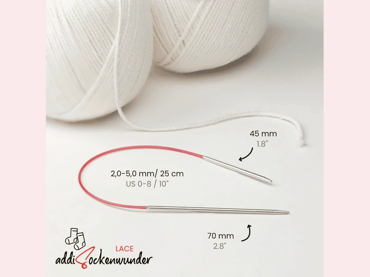 ADDI Sockenwunder lace pevné kruhové jehlice vel. 4,5mm/25cm, červené lanko, 710-7