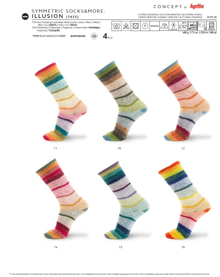 Concept by Katia SYMMETRIC SOCKS & MORE - ILLUSION  4-nitka ponožková příze č. 72 Blue-Ochre -Red-Rust (modrá-okrová-červená-rezavá)