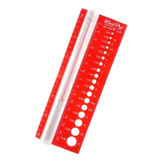 Měřidlo tloušťky jehlic kruhové KnitPro čevené s lupou a pravítkem